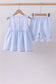 Blue seersucker bow smocked ruffle shorts set