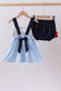 Blue character embroidery gingham bloomer set