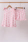 Pink bow print scalloped ruffle shorts set