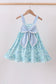 Blue beach print bow ruffle dress