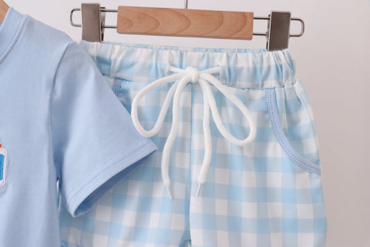 Blue Apple Embroidered Gingham Shorts Set