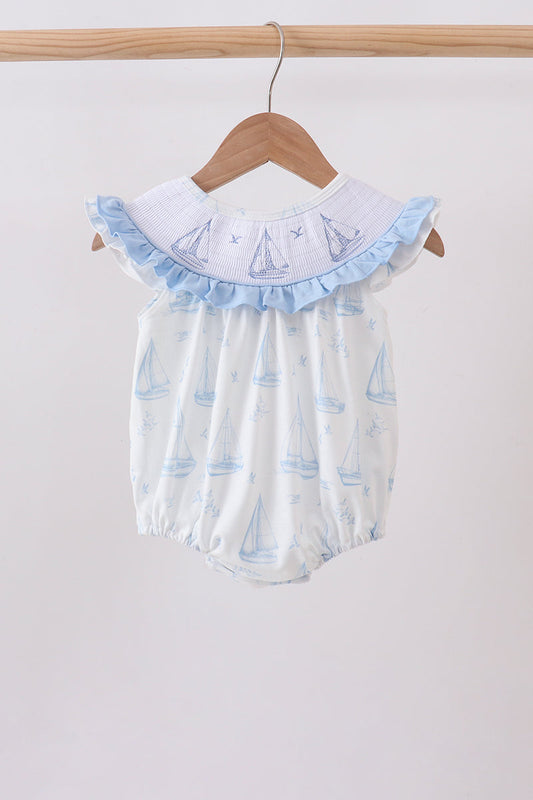 Blue Sailboat Smocked Ruffle Bubble