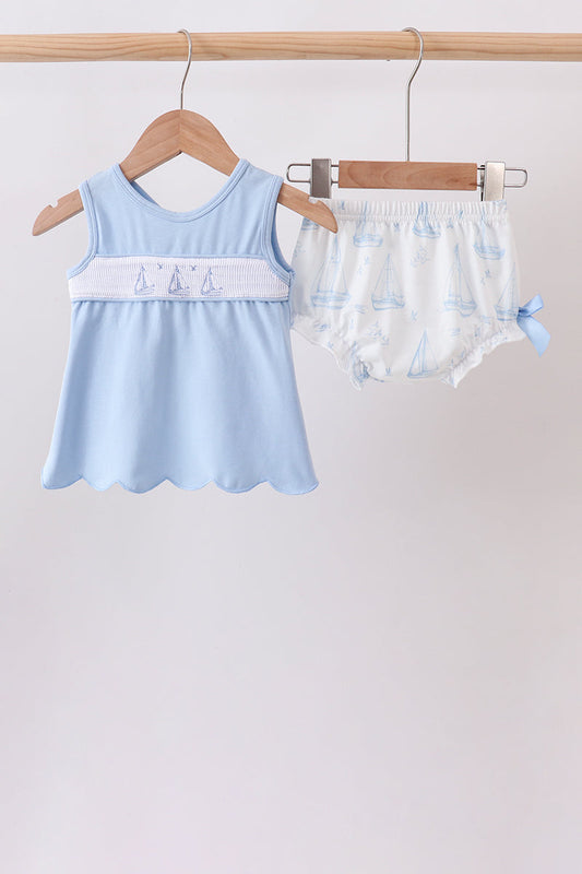 Blue Sailboat Smocked Scalloped Bloomer Set