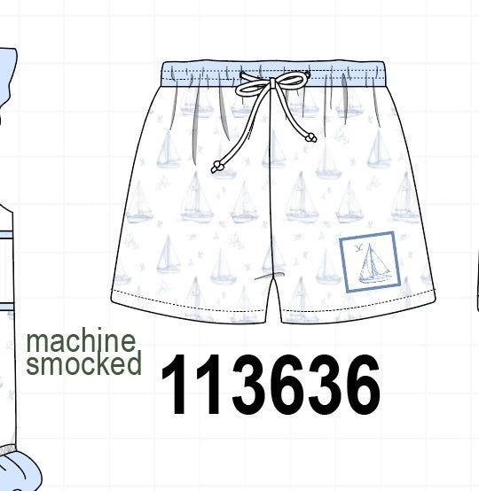 Blue Sailboat Embroidered Swim Trunks