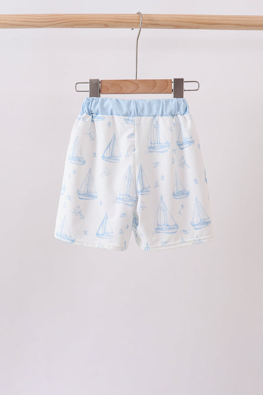 Blue Sailboat Embroidered Swim Trunks