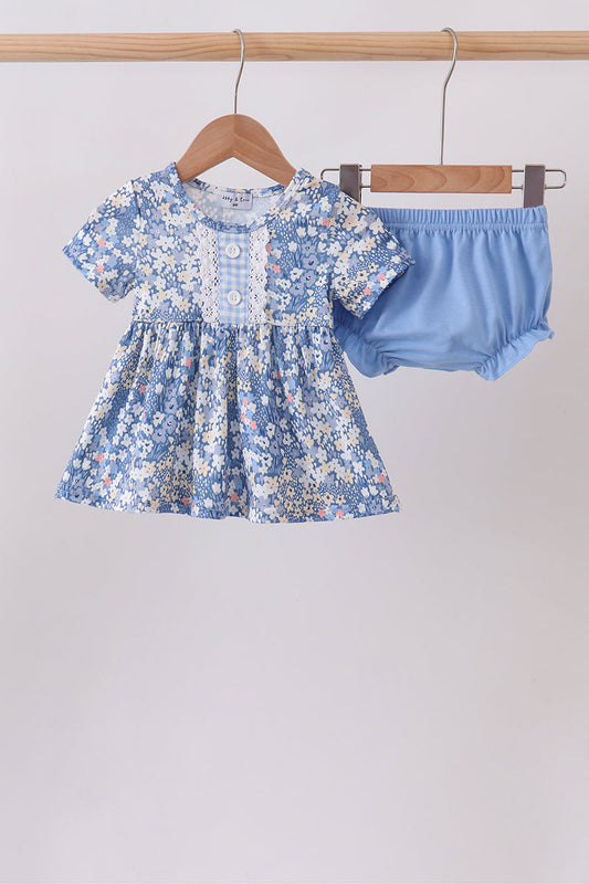 Blue Floral Print Bloomer Set