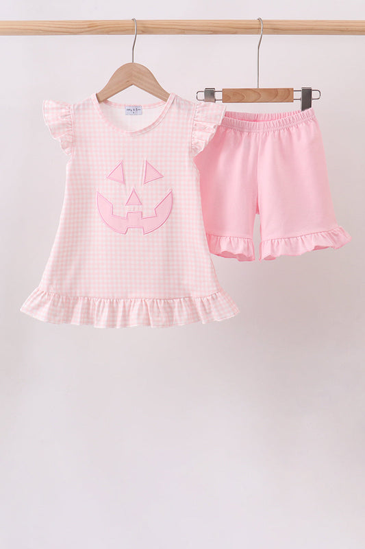 Pink Jack-O-Lantern Applique Ruffle Shorts Set