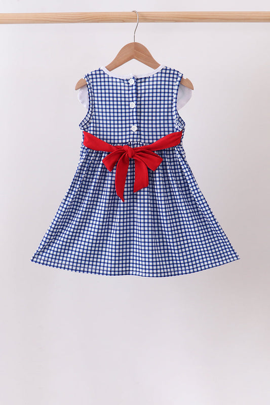 Navy Apple Embroidered Gingham Dress