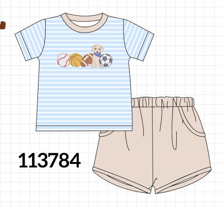 Blue Puppy Ball Embroidered Stripe Shorts Set