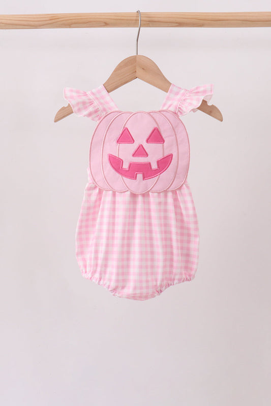 Pink Jack-O-Lantern Applique Ruffle Gingham Bubble