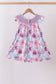 Purple Bow Embroidered Floral Scalloped Dress