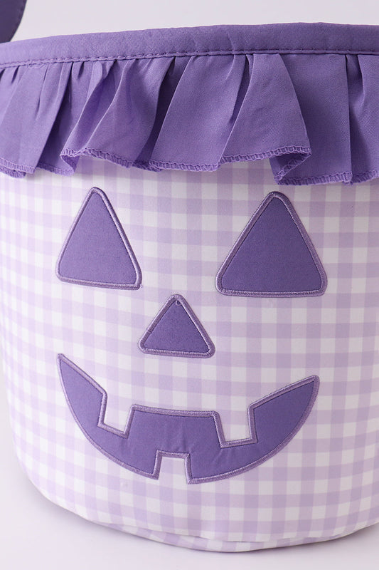 Purple Pumpkin Applique Gingham Ruffle Basket