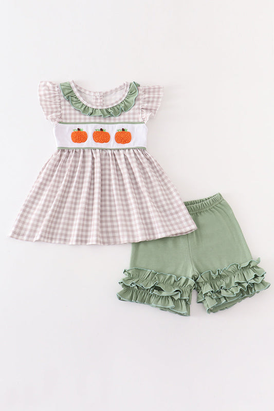 Green plaid french knot pumpkin girl set