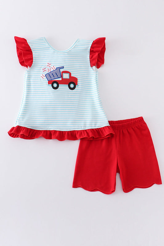 Blue stripe truck baseball applique girl set