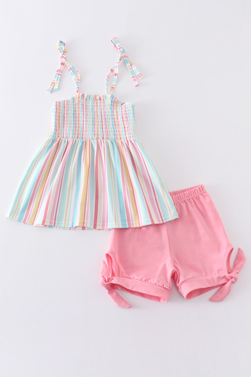 Pink stripe smocked strap girl set