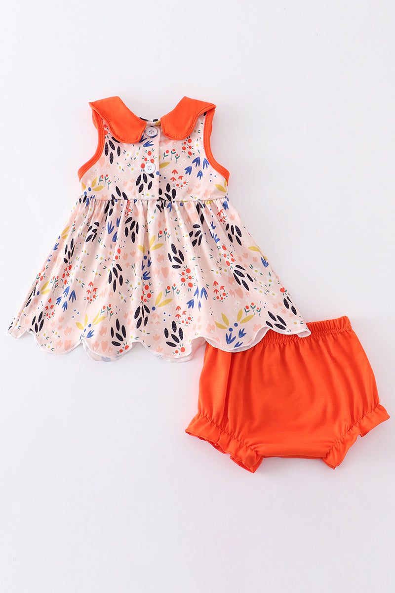 Orange floral print baby bloomers set