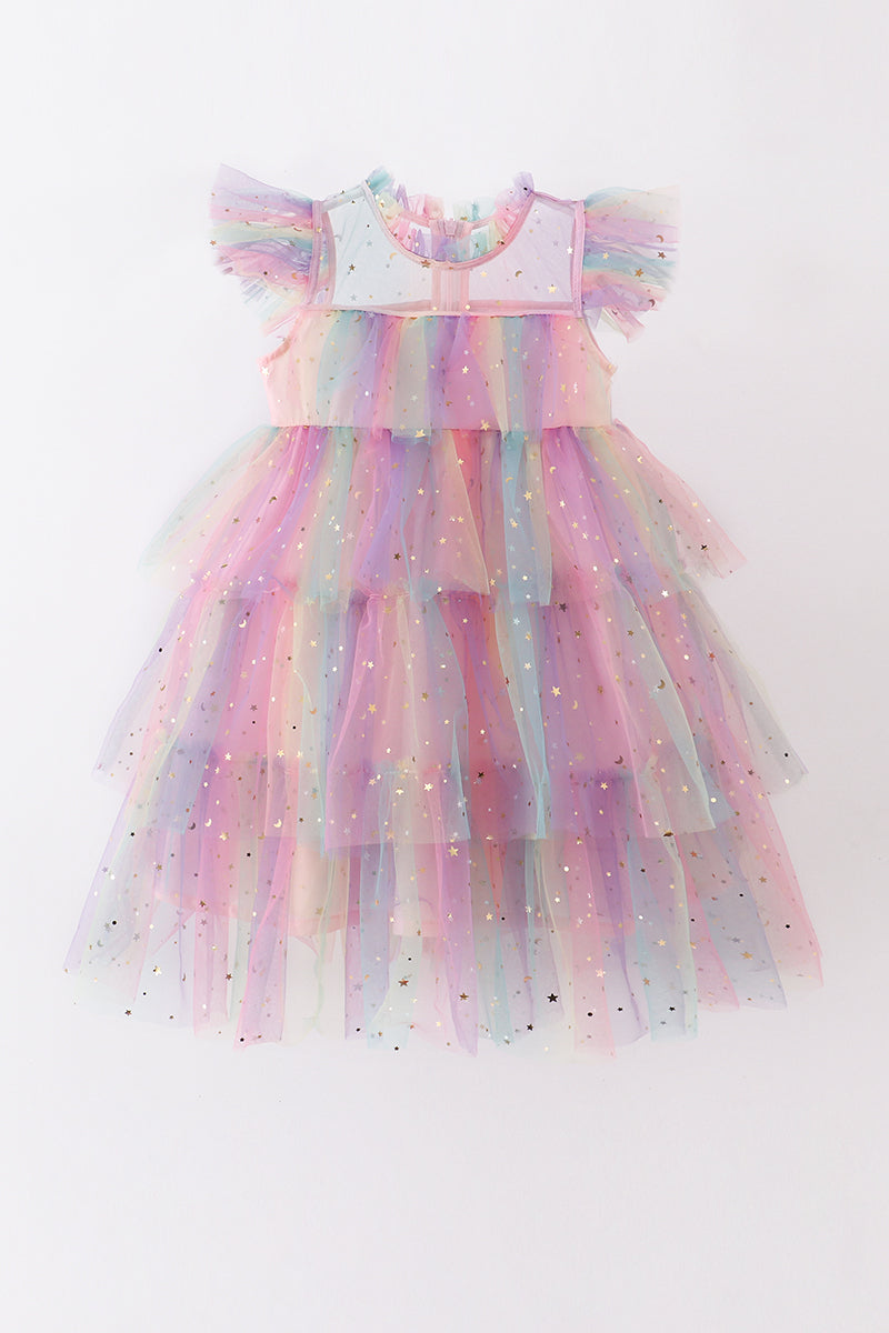 Rainbow star tiered ruffle tulle dress