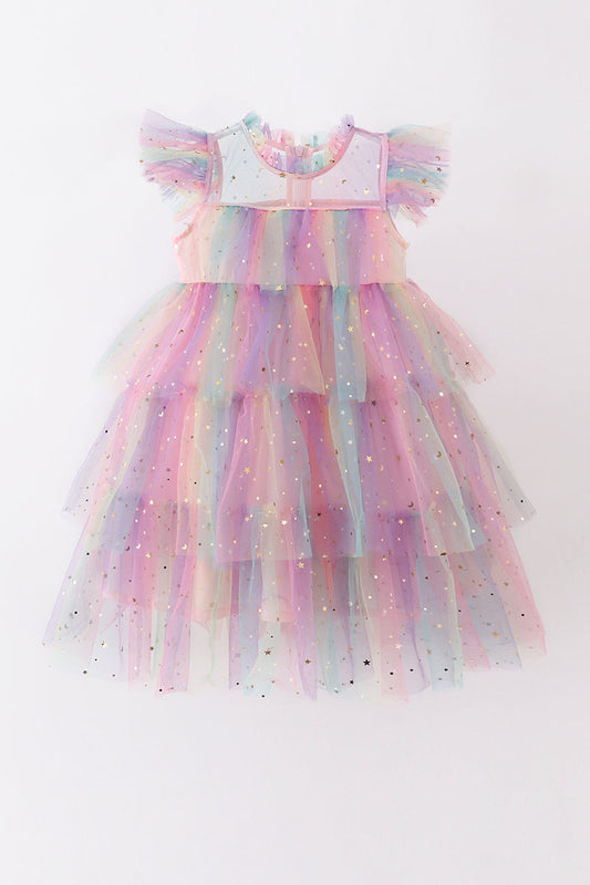 Rainbow star tiered ruffle tulle dress