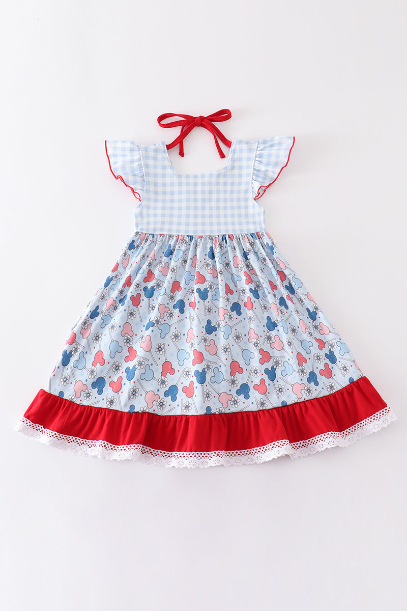 Patriotic day character print plaid ruffle dress