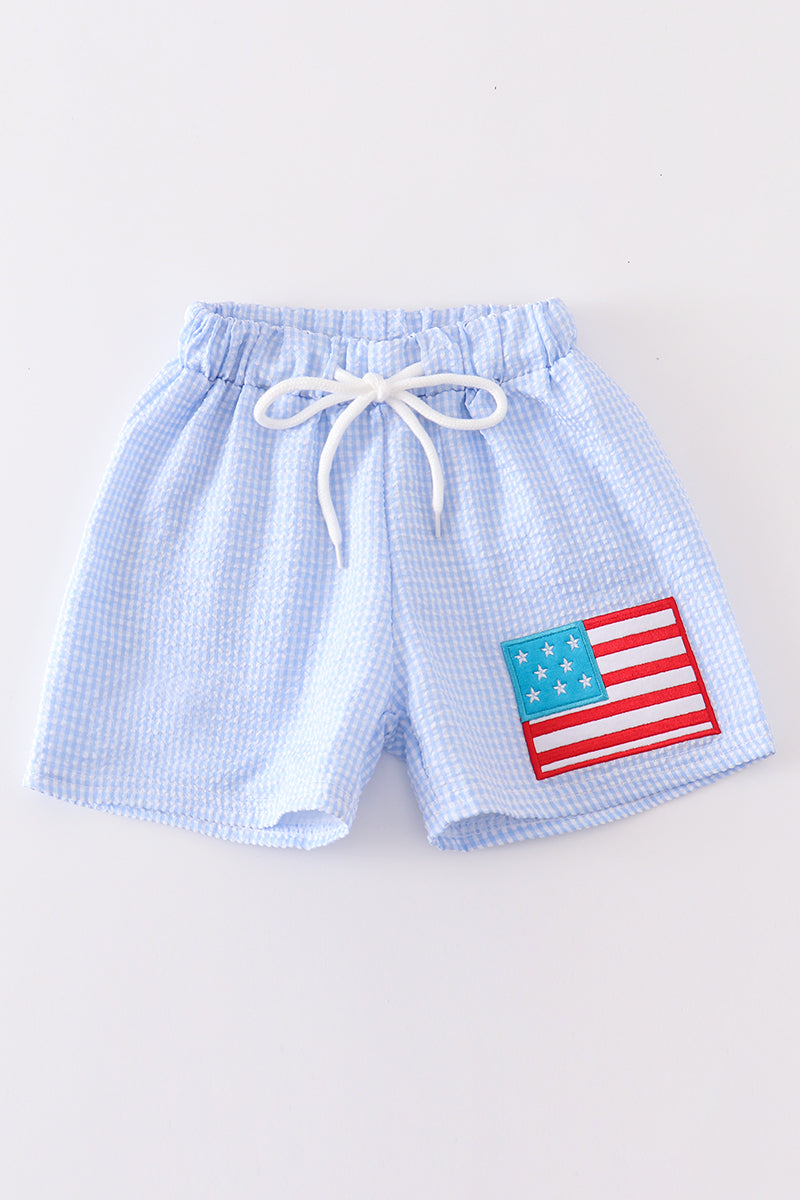 Seersucker patriotic flag applique boy swim trunks