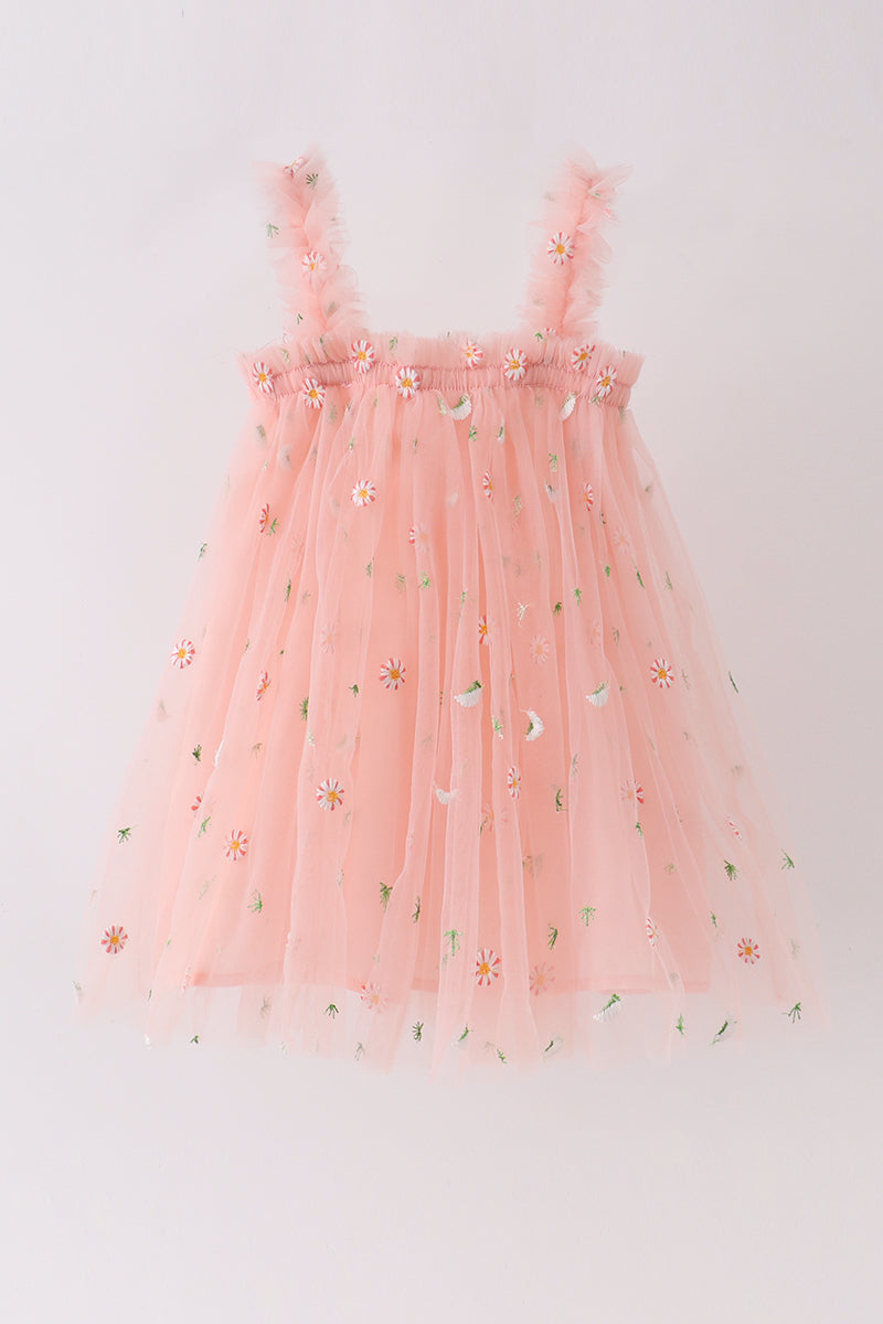 Pink strap daisy embroidery tulle dress