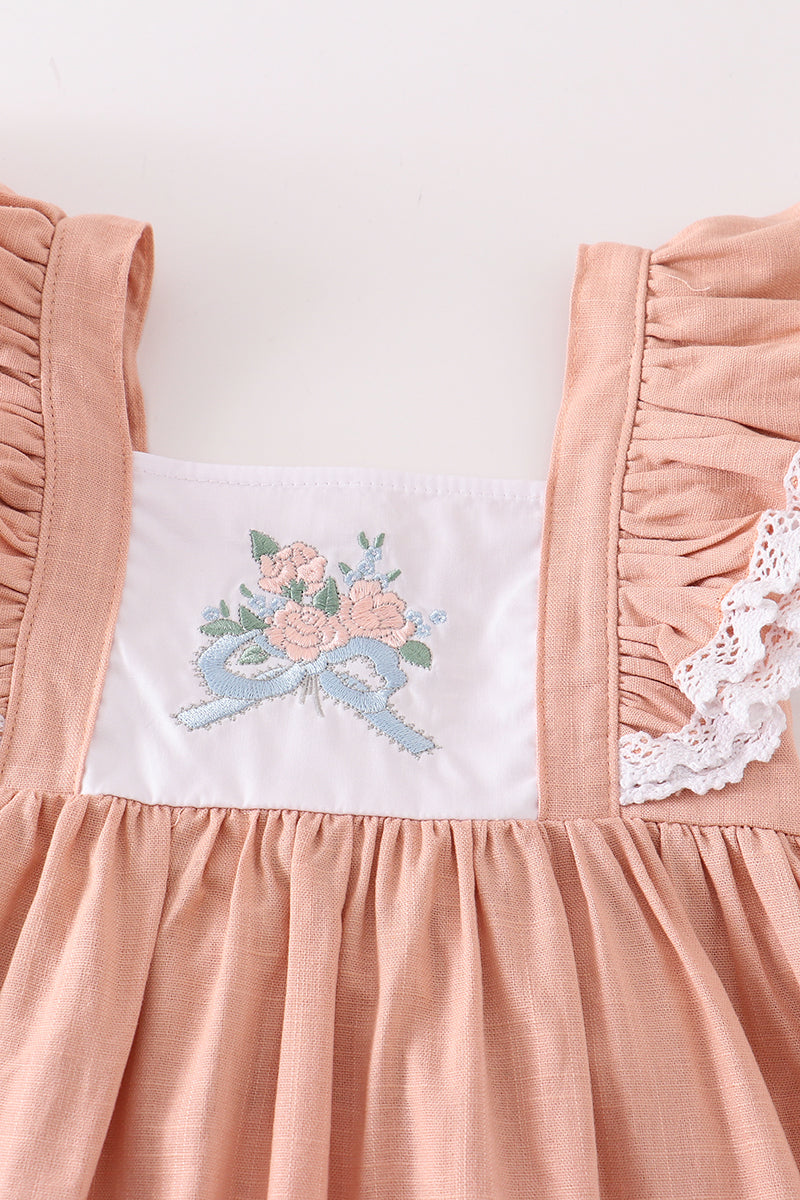 Pink floral embroidery linen ruffle dress