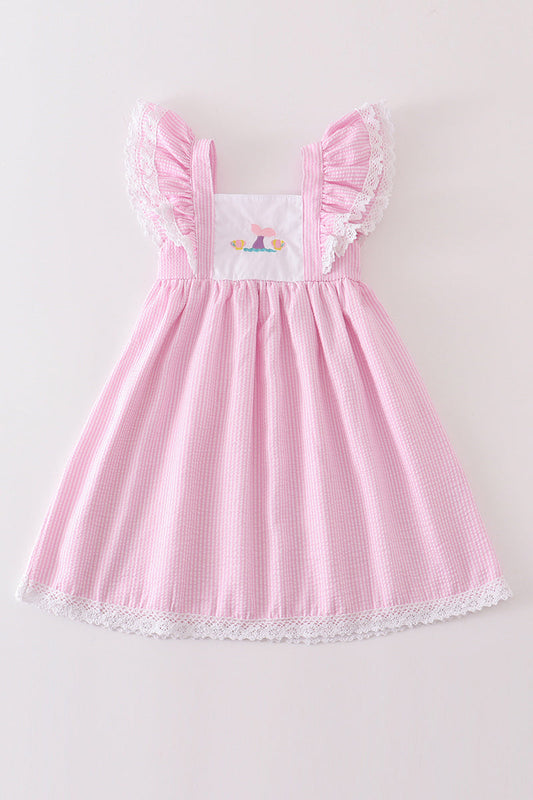 Pink seersucker mermaid embroidery ruffle dress