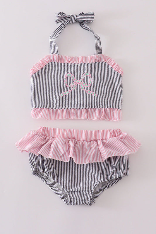 Pink seersucker bow embroidery 2pc swimsuit