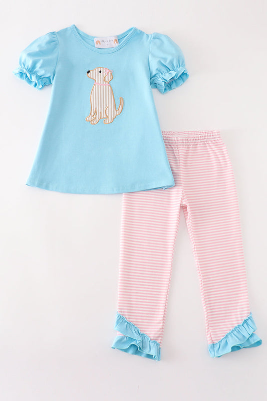 Blue puppy applique girl set