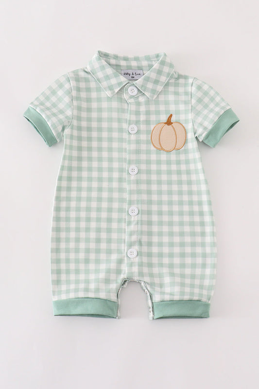 Green gingham pumpkin embroidery boy romper