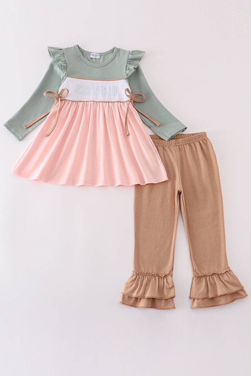 Pink jesus loves me embroidery girl pants set