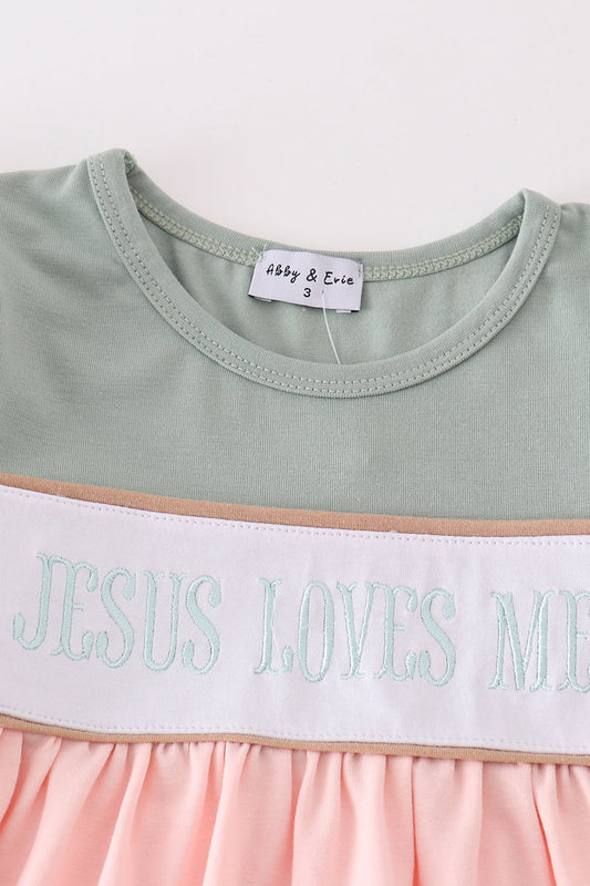 Pink jesus loves me embroidery girl pants set