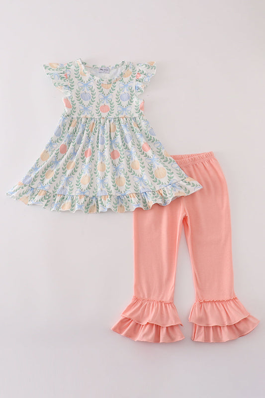 Green bow print ruffle pants set