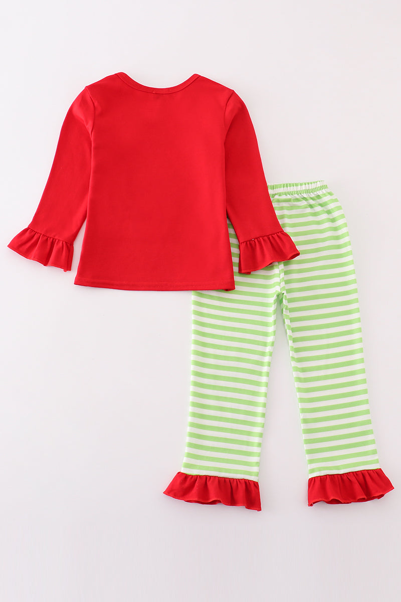 Red christmas grinch applique girl pajamas set