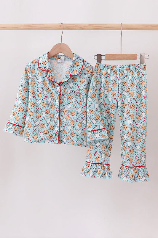 Santa claus cookie print ruffle pajams set
