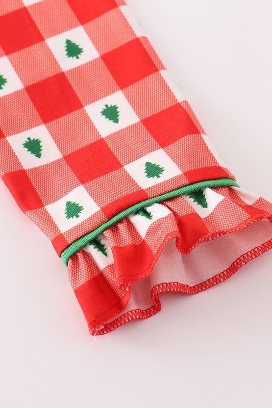 Red christmas tree gingham girl pajamas set