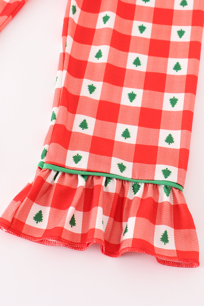 Red christmas tree gingham girl pajamas set