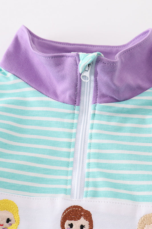 Green stripe princess embroidery girl pullover