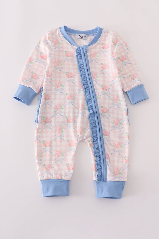 Pink floral print ruffle romper