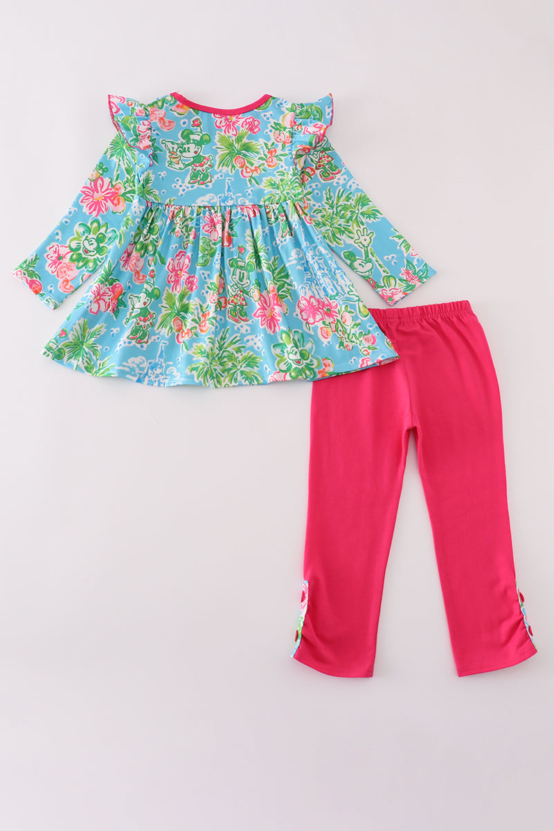 Green floral character applique pants set