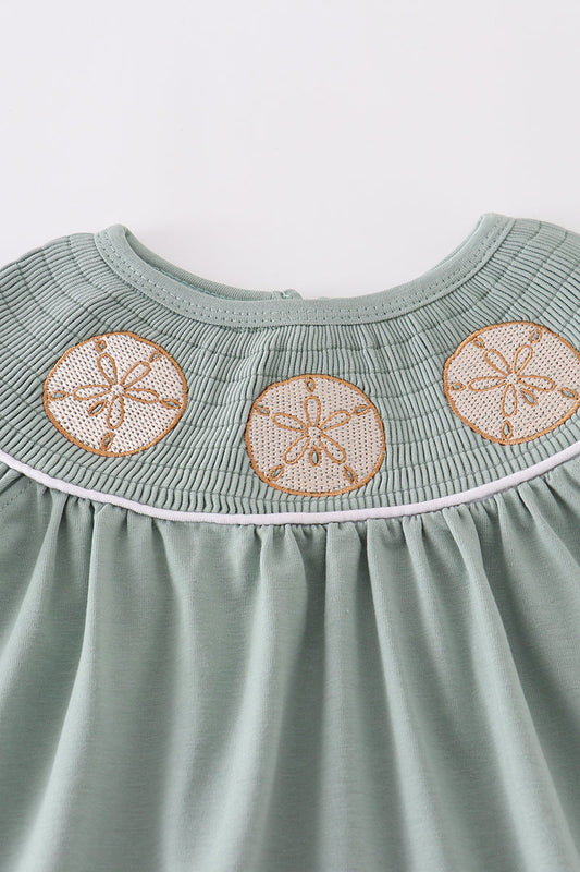 Sage sand dollar embroidery smocked girl dress