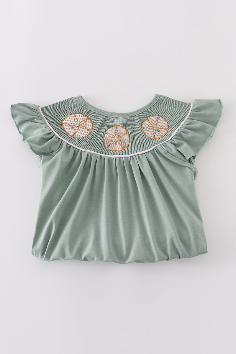 Sage sand dollar embroidery smocked girl dress