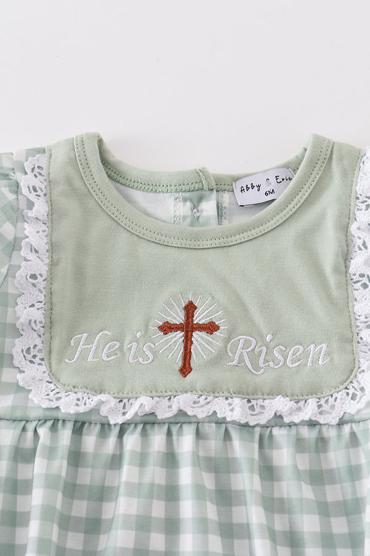 Sage easter he is risen cross embroidery girl bubble