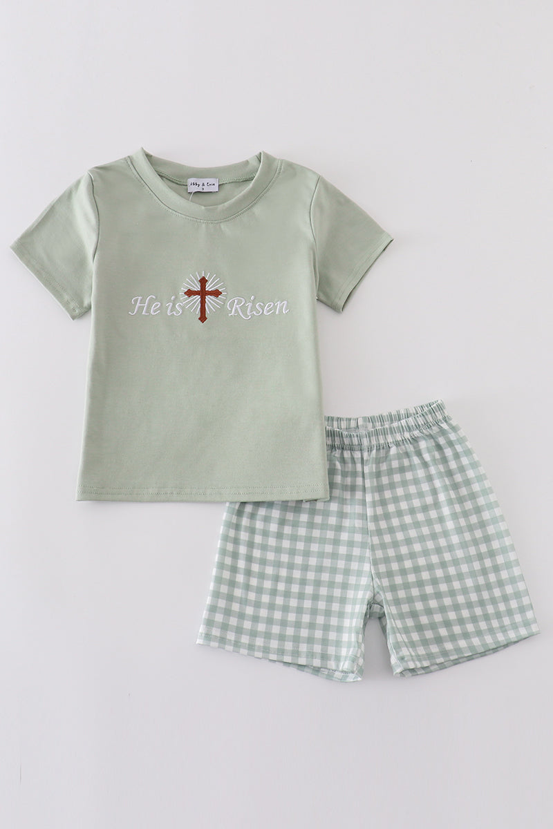 Sage easter he is risen cross embroidery boy set