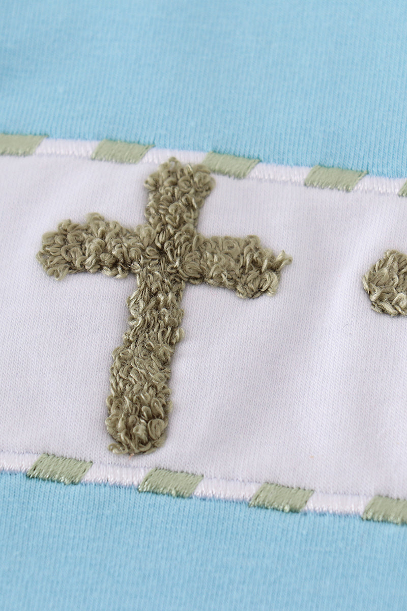 Blue easter cross french knot boy set