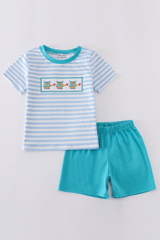 Blue stripe helicopter embroidery smocked boy set