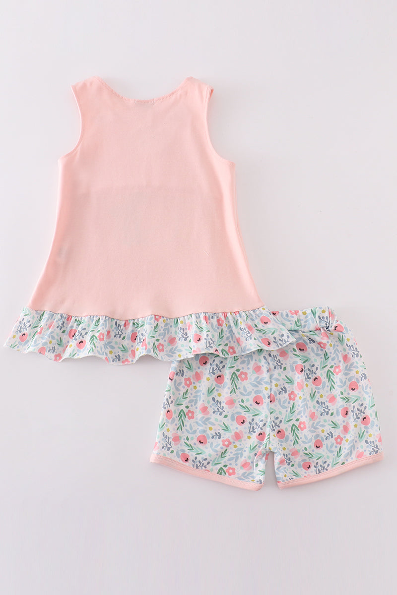 Pink floral bunny applique girl set