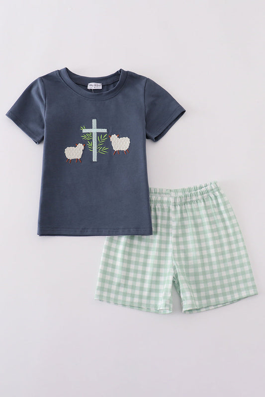 Navy sheep cross embroidery boy set