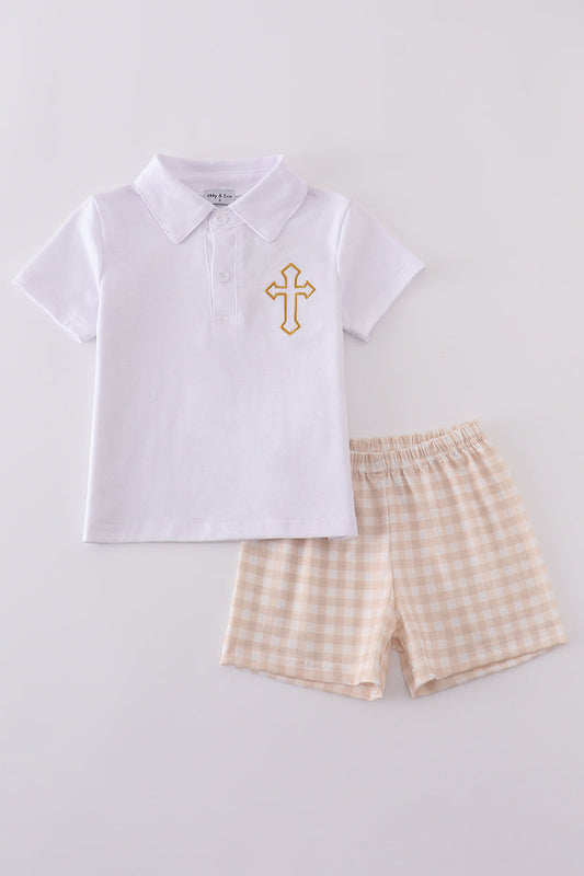 Easter cross embroidery boy shorts set