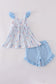 Blue flag embroidery smocked shorts set